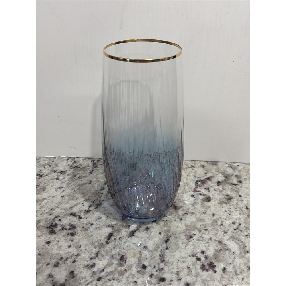 Anthropologie Waterfall Blue Teal Highball/Tumbler 24K Gold Rim Czech Republic